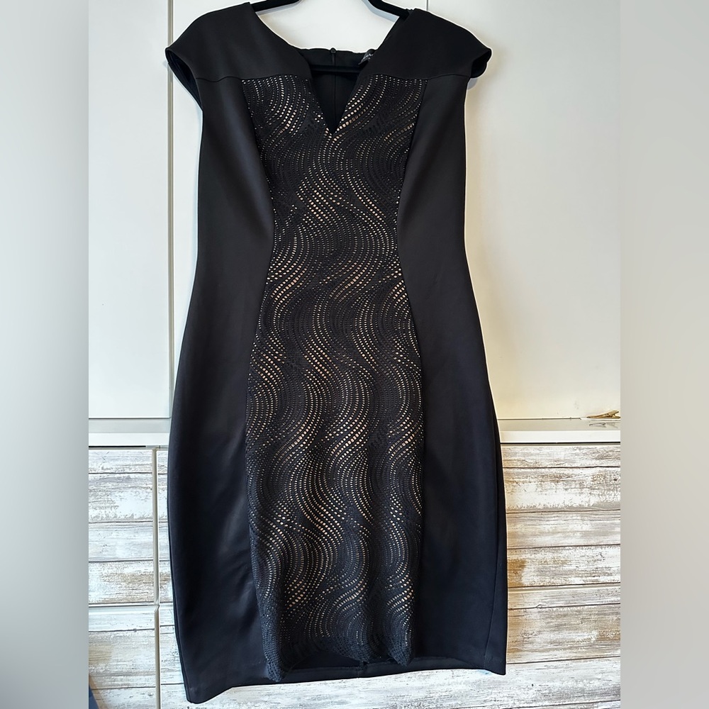 🖤 Connected Apparel Black V-Neck Sheath Midi Dress Size 12